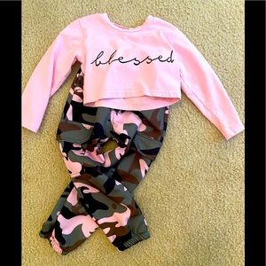 Toddler Girls Fall Outfit Camo Pant Set   Cropped Shirt-Blessed Size: 3T-4T